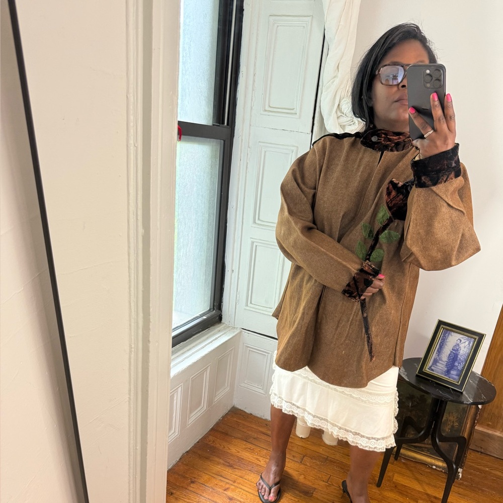 Brown Denim maximalist flower zip up velvet patch work bomber jacket - Picture 9 of 16